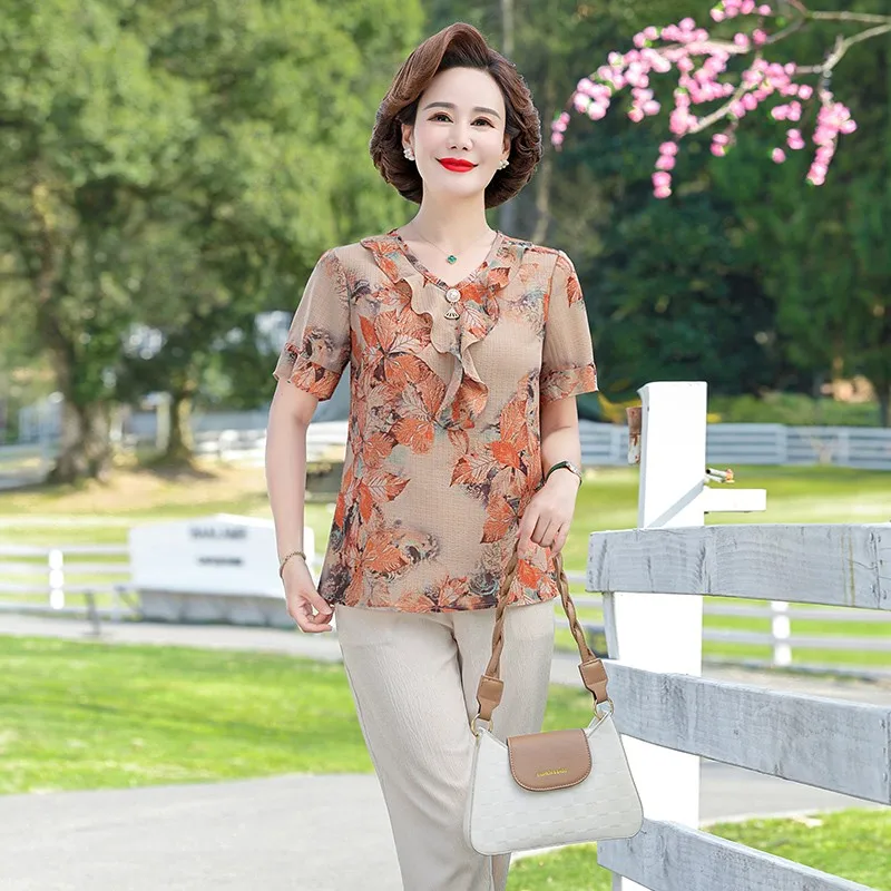 Summer Piece Sets Woman Summer Chiffon printed Ruffled Blouses