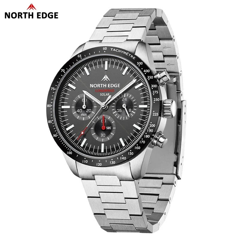 NORTH EDGE 2025 LONGWINGS Men Quartz Watch Solar Powered Stopwatch Waterproof 50M 316 Full Stainless Steel Luminous Pilot Watch 2