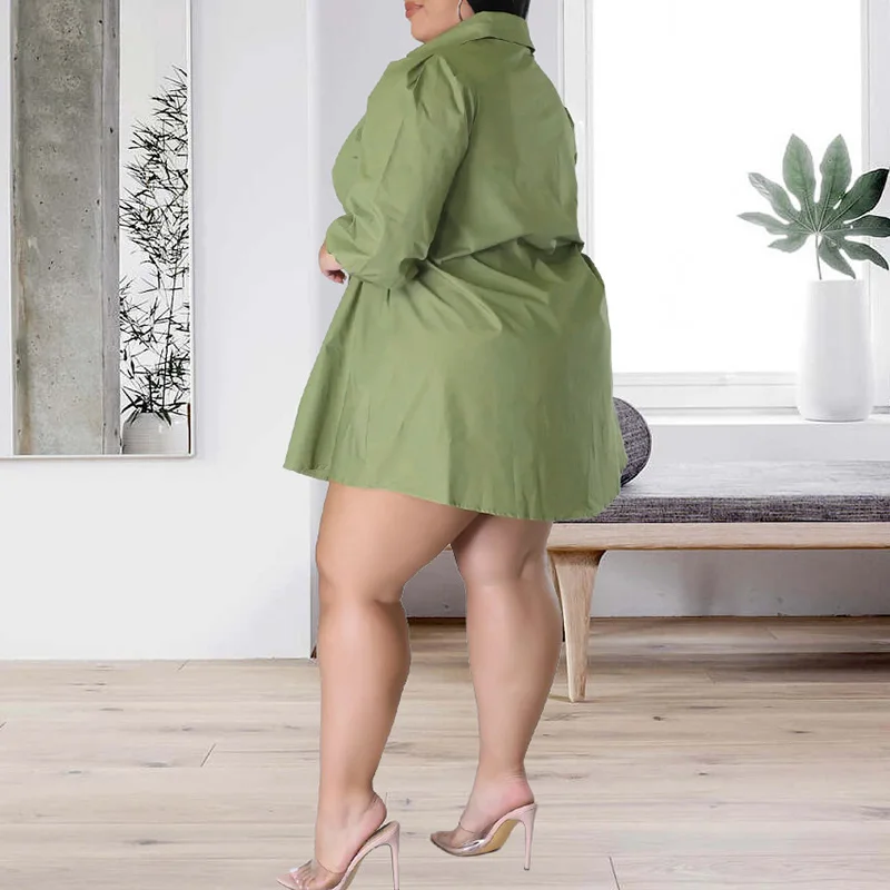 Plus Size Clothes Fashion Turn-down Collar Lacing Solid Color Three Quarter Sleeve Autumn Irregular Shirt Short Dress for Women