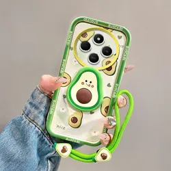 3D Cartoon Avocado Flower Butterfly Phone Case with Wrist Strap and Shockproof Cover for Xiaomi Poco C75 (Green NYG)