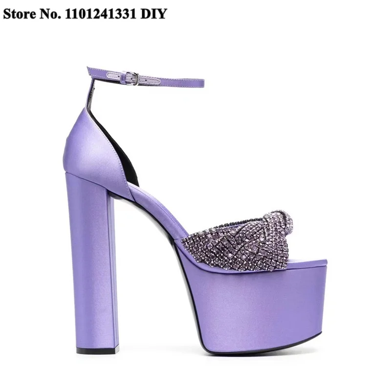 

Satin Platform High Heel Sandals with Scattering Crystals Ankle Strap Twist Shoes Women Chunky Heeled Party Shoes