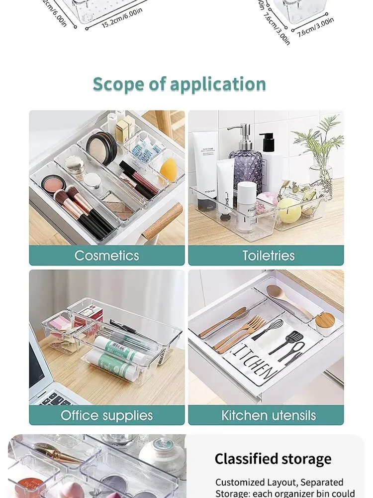 Description Picture 5 of item7/14 Pcs Drawer Organizers Set Clear Plastic Desk Dividers Bins Bedroom Dresser Office Storage Box for Makeup Jewelries Gadgets