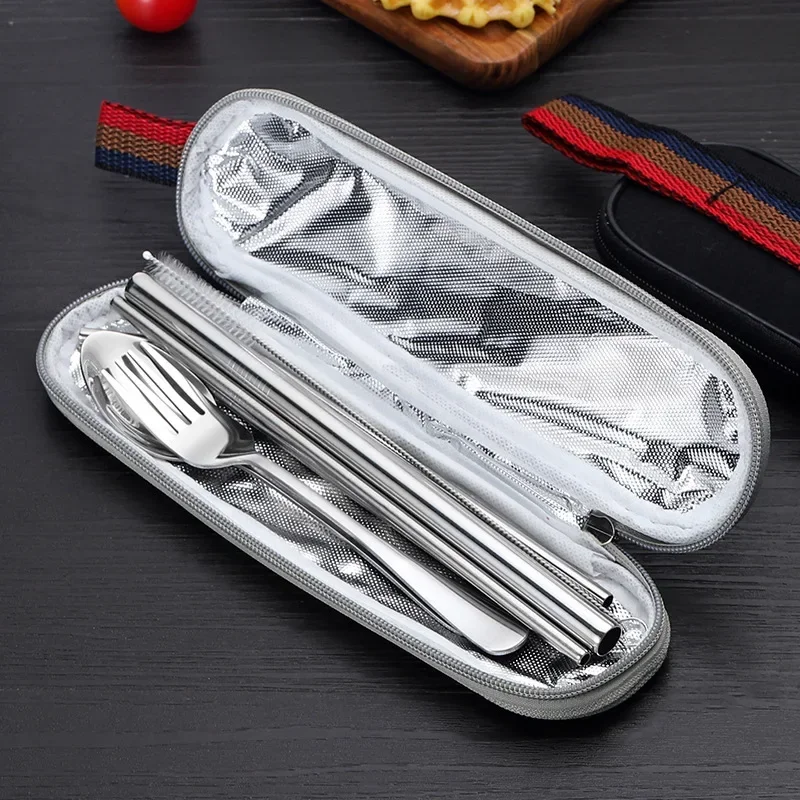 Tableware Set 8Pcs/set Tableware Reusable Travel Cutlery Set Camp Utensils Set Stainless Steel Spoon Fork Chopsticks Straw Portable Case