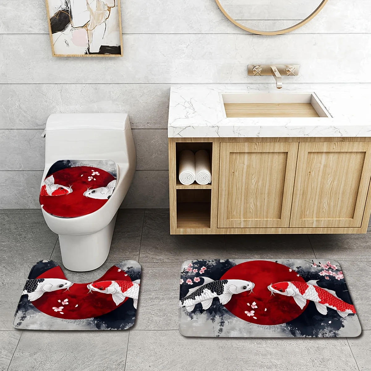 Oriental Black and Red Koi Bathroom Set - Anti Pulley Profile Mat, Toilet Lid, and Bath Mat for Elegant Home Decor 2
