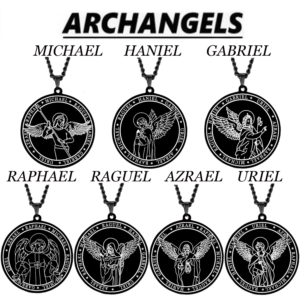 Cor preta 7 arcanjo michael gabriel raphael razão azerael ureel amuleto  sigilo de asas de anjo colar pingente de aço inoxidável - AliExpress, image size:1200x1200