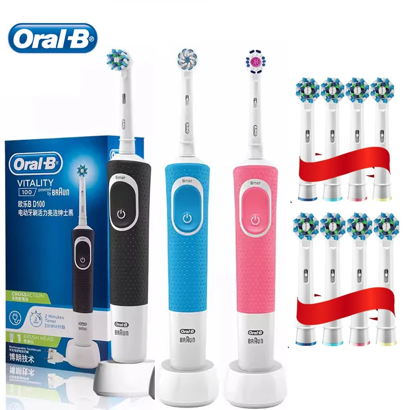 

Oral B Vitality Electric Toothbrush D100 Rechargeable Adult Teeth Brush White Teeth Cross Action Clean Teeth with 8 Extra Heads