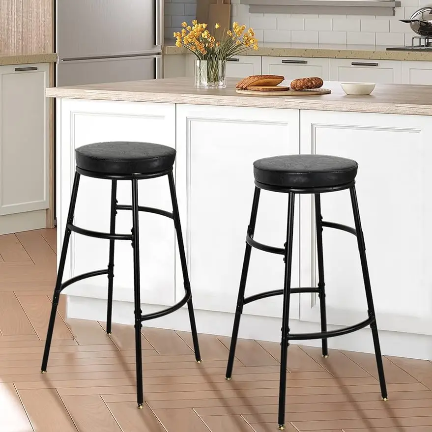 

Set of 2 PU Leather Industrial Black Counter Stools Kitchen Round Pub Bar Chairs