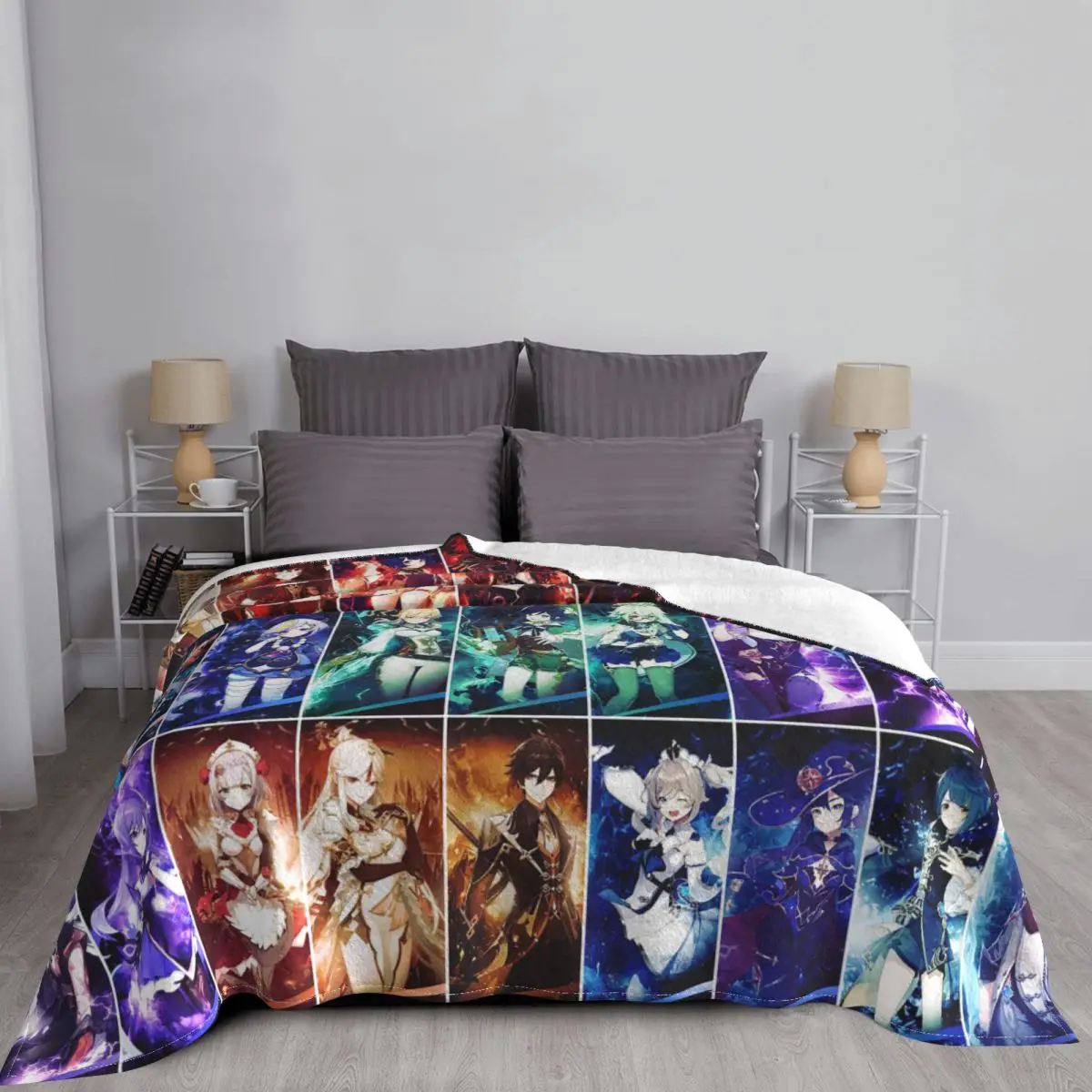 Game Genshin Impact Plaid Blankets Sofa Cover Fleece Spring Autumn Anime Warm Throw Blanket for Sofa Car Plush Thin Quilt