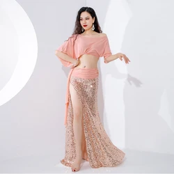 Belly Dance Practice Suit for Women Bellydancing Yarn Short Sleeves Top+Mermaid Sequin Skirt Oriental Dance Exercise Clothing