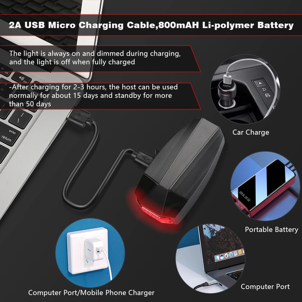 Awapow luz de bicicleta anti roubo de alarme sem fio à prova d' água auto sensor de freio controle remoto usb luz traseira da bicicleta alarme lâmpada chifre