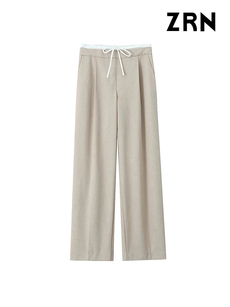 ZRN-Women's Double Waistband Wide Leg Pants, High Elastic Waist With Drawstring, Side Pockets, Female Trousers, Chic Fashion
