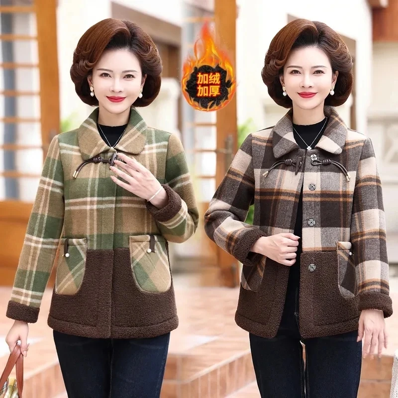 

Autumn Winter Middle Aged Elderly Women's Cotton Clothes Add Velvet Thicken Warm Woolen Coat High End Mother Plaid Parkas Jacke