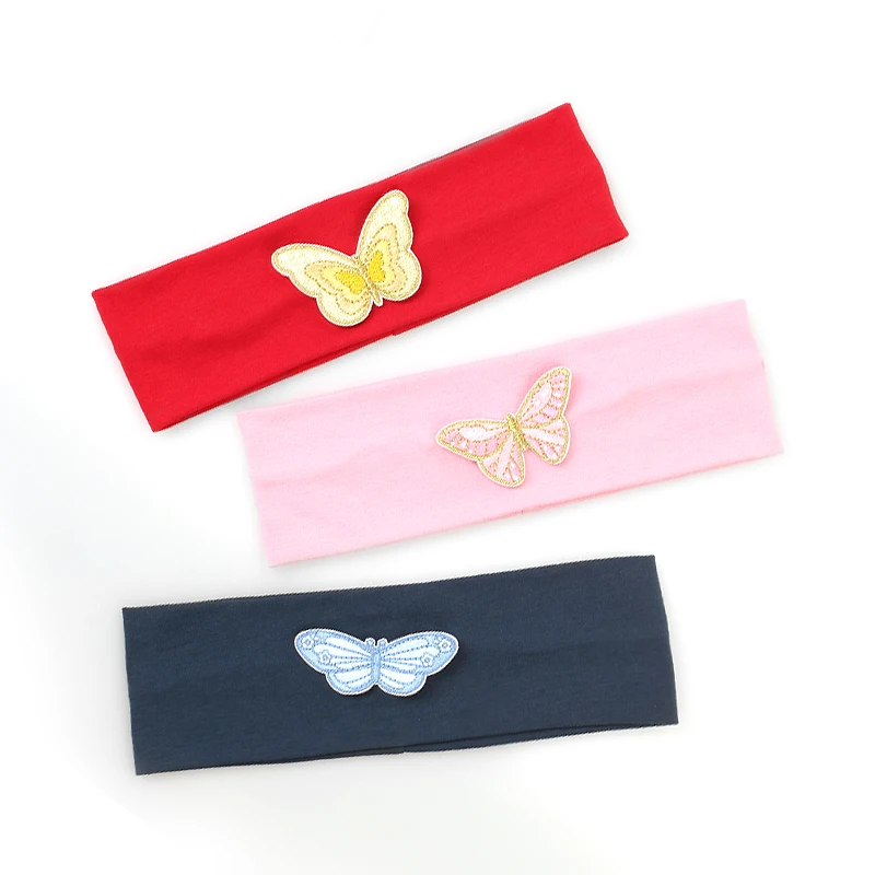 

Повязка на голову детская эластичная хлопковая, милая плоская мягкая однотонная лента с разноцветными бабочками для новорожденных девочек, модные аксессуары для волос