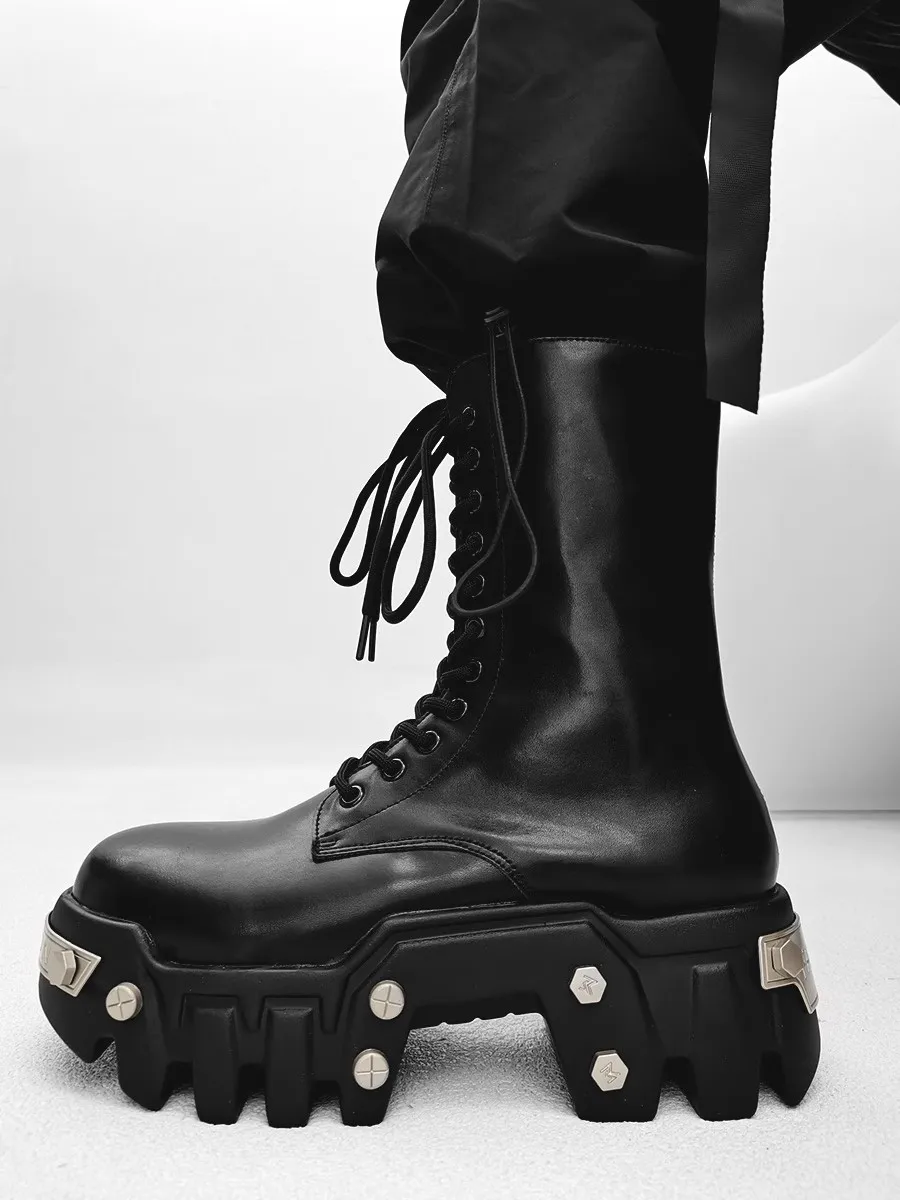 Qvah Owens Men Motorcycle Boots Platform Leather Luxury Trainers High Top Sneakers Lace Up Zip Autumn Black Shoes
