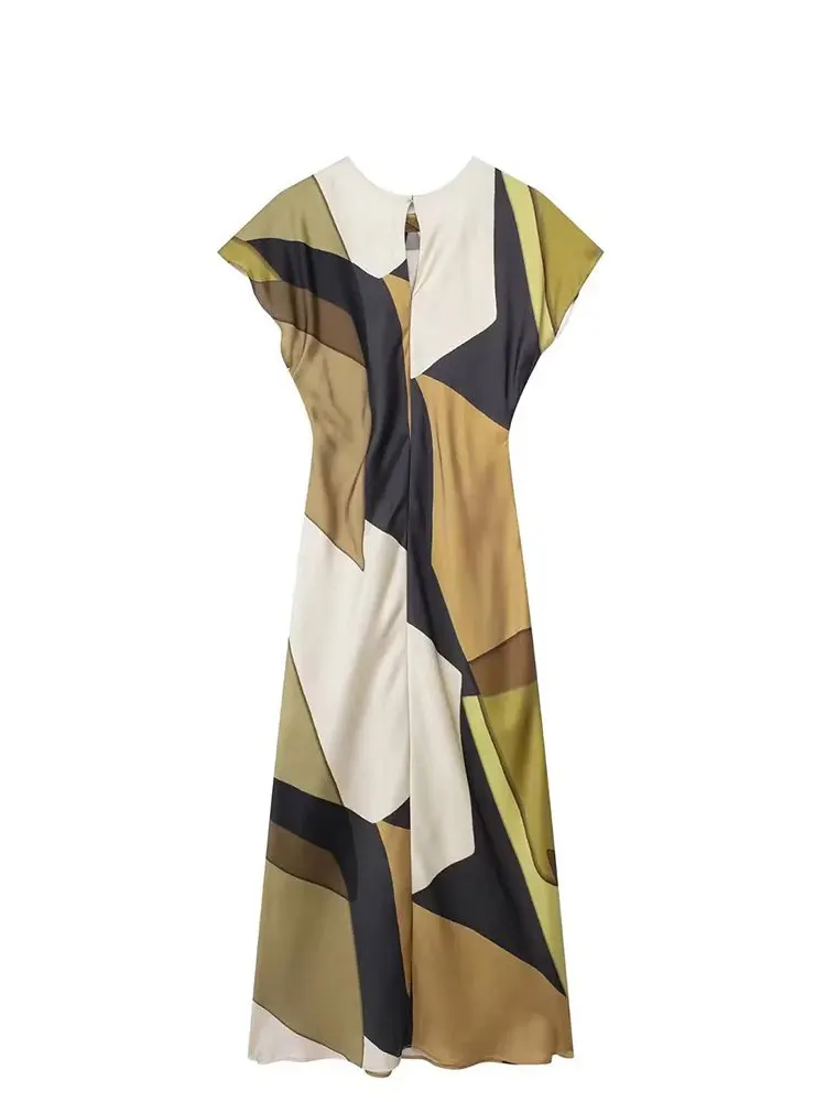 HH Print Midi Dress Woman Short Sleeve Satin Long Dresses For Women 2024 Elegant Party Dresses Vintage Casual Dresses