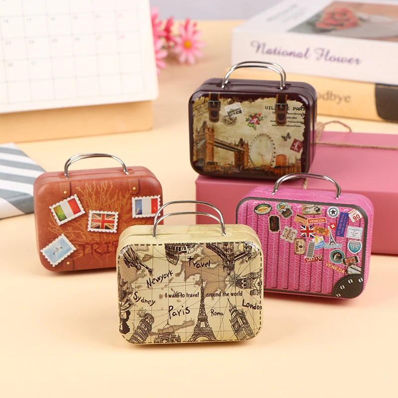 1pc Random Retro Storage Tin Mini Box Rectangular Tinplate Suitcase Small Candy Snack Packaging Makeup Cosmetic Sewing Organizer