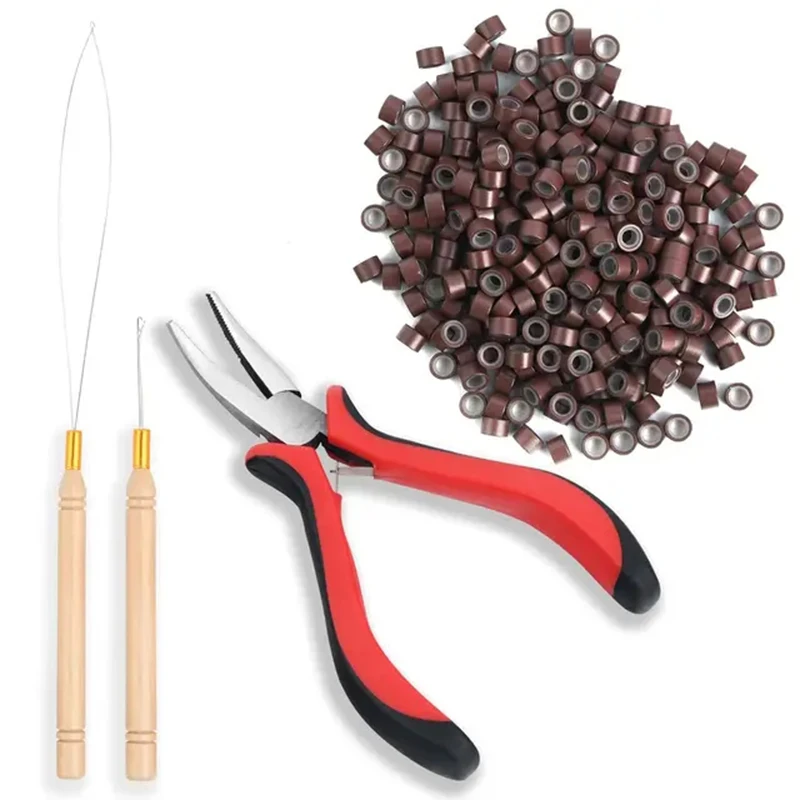 Hair Extensions Kit Threader Pulling Hook & Pliers & 100pcs silicone Rings One Set For Beads Hair Extensions