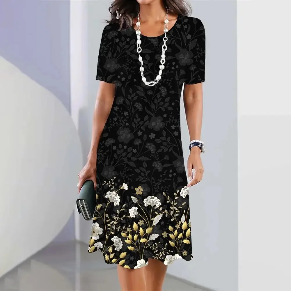 

Simple Printed Women's Dresses 2023 Summer Short Sleeve Clothing Casual Female Beach Party Skirt Sexy Ladies Knee-length Dresses