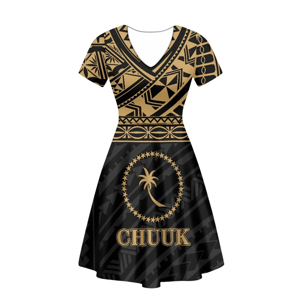 

Hot Sale Women Dress Polynesian Tribal Clothing CHUUK Black Pattern All Over Printed Custom Casual Dresses Women Summer A Line