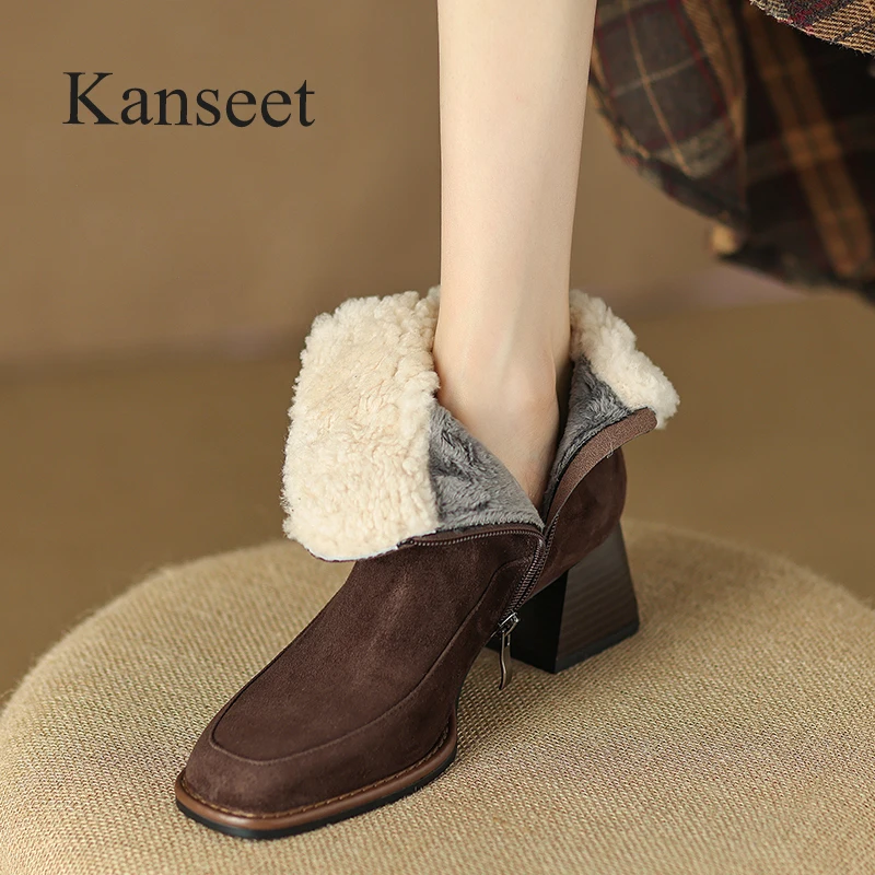 

Kanseet 2023 Winter Warm Fur Women Ankle Boots Fashion Kid Suede Shoes Round Toe Mid Heels Short Boots Black Brown Sizes 42 New