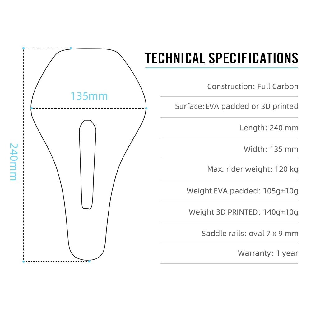 RYET-3Dプリントの超軽量自転車サドル,カーボンファイバー,135mm, 105g