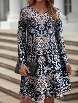 Abito ampio girocollo con stampa allover, abito vintage a maniche lunghe per l'autunno/inverno-Abito da donna a maniche lunghe per l'inizio dell'autunno 1