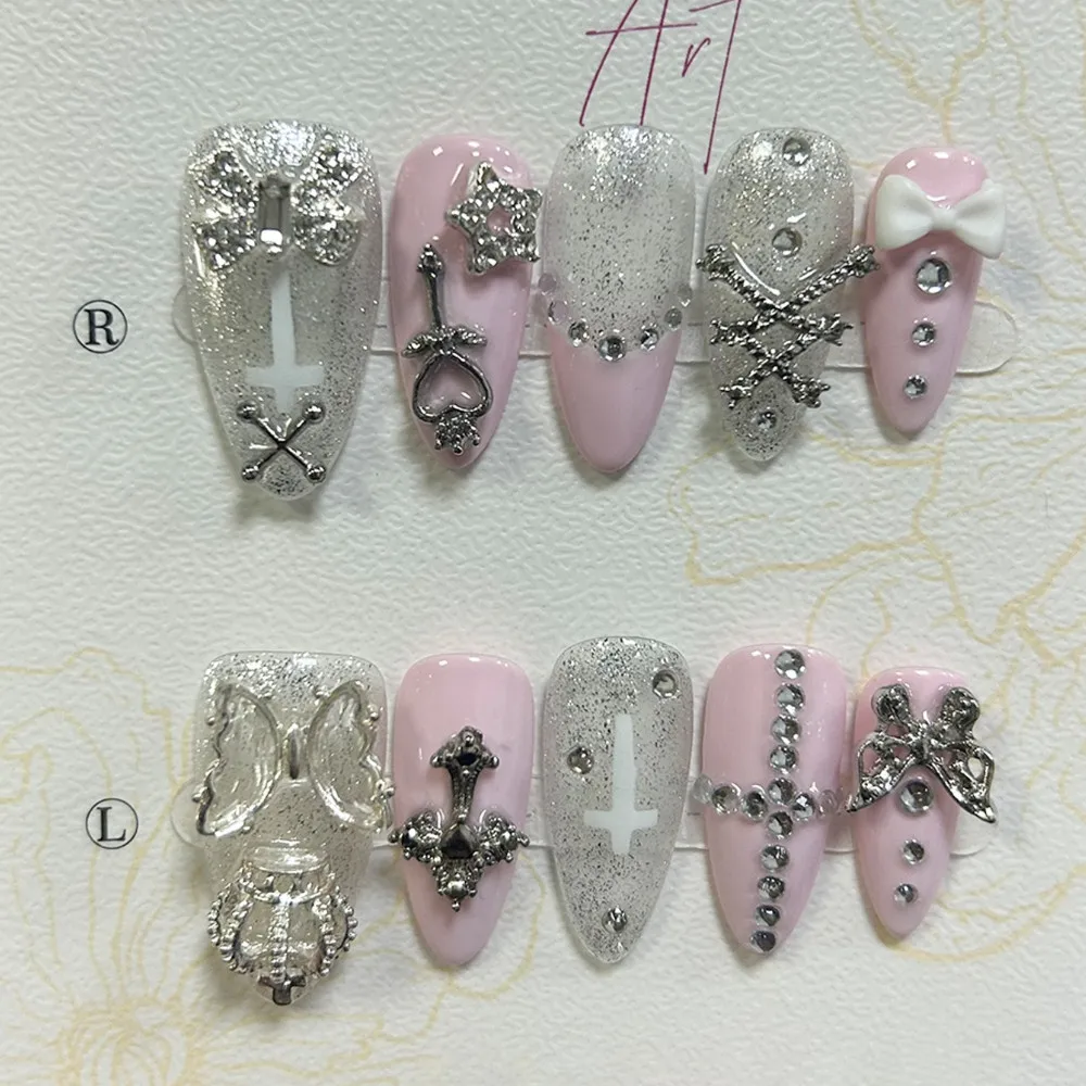 Y2K Cute Gyaru French Almond Handmade Press On Nails 3D Butterfly Star Cross Diamond Fake Nails Pink Bow Silver Glitter Nail Art