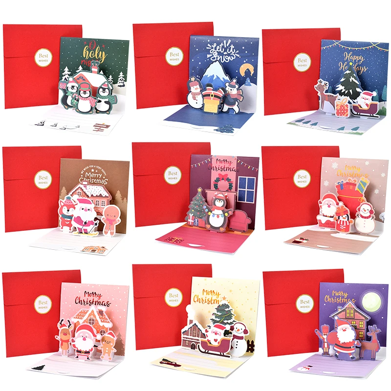 1set Merry Christmas Greeting Cards Handmade 3D Cards Thank You Invitation Christmas Pop-Up New Year Noel Decor