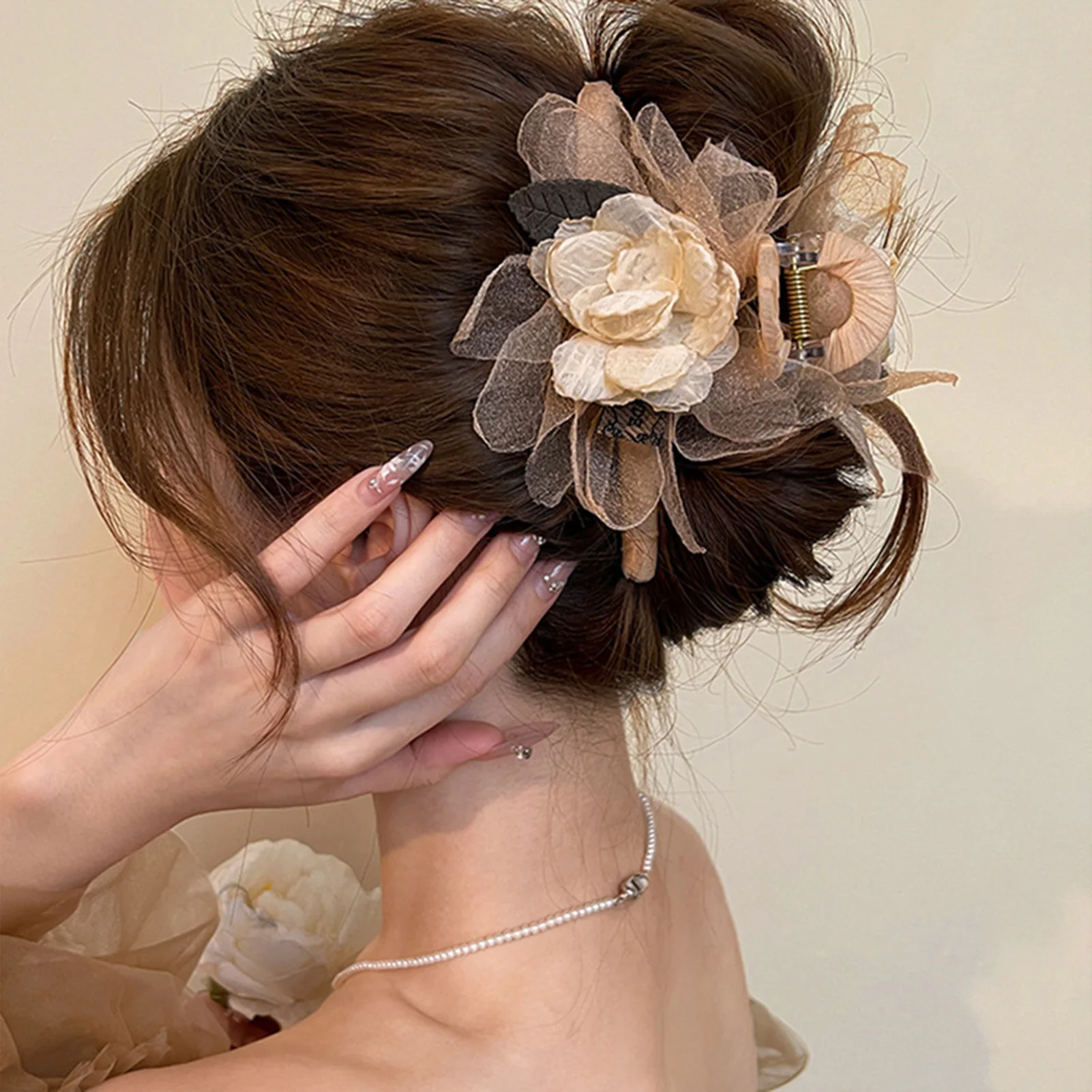 Koreanischen Stil Blume Haar Klaue Champagner Farbe Mesh Berg Kamelie Shark Haar Greifer Sweety Exquisite Blume Haar Zubehör