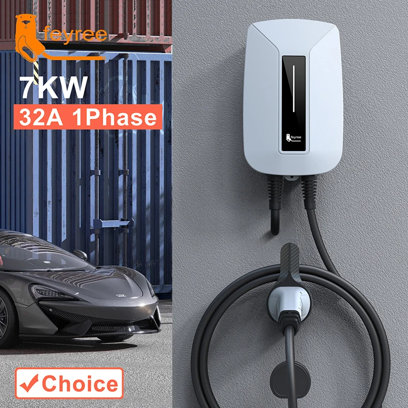 Feyree EVSE 월박스 전기 자동차용 EV 충전기, 타입 2 플러그, IEC62196-2 소켓, 1 상 5m 케이블, 월마운트 충전 스테이션, 32A, 7KW