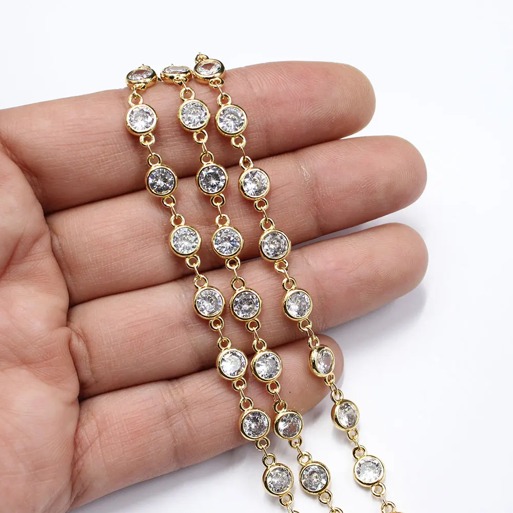1 Meter Bezel Set 6mm Clear CZ Yellow Gold Plated Copper Fashion Chain Paperclip Neck Chain Pearl Jewelry Making DIY