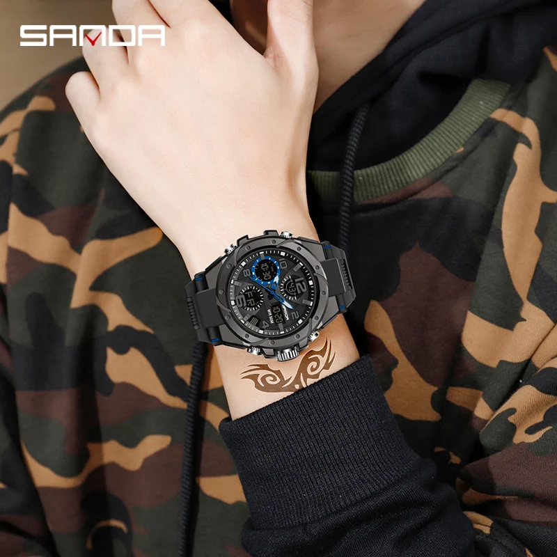 SANDA 6008 Military Outdoor Sports Waterproof Watch for Men LED Dual Display Quartz Digital Mens Wristwatches Reloj Hombre