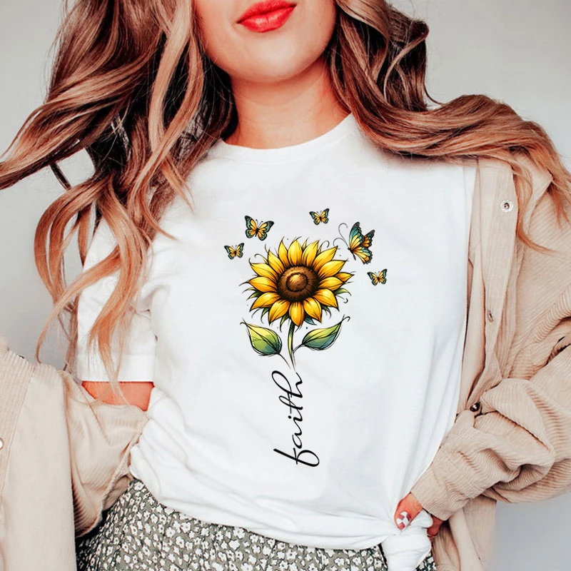 

Hot Sunflower Butterfly Faith Letter Printed T Shirts Women Fashion Y2k Casual Short Sleeve Summer Tops