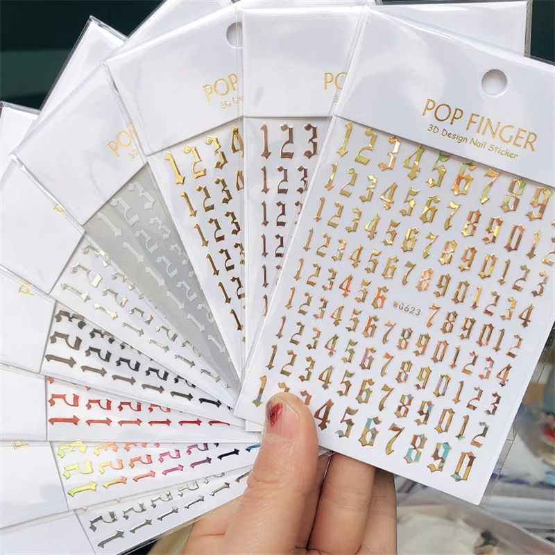 1PCS Colored Roman Alphabet Nail Art Stickers 3D Golden Heart