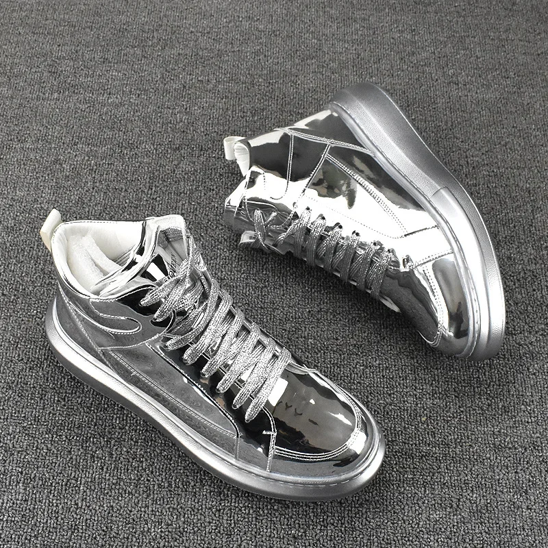 Bottes de moto montantes en cuir à lacets imperméables pour hommes, chaussures d'extérieur à plateforme, tendance, Gloden SLiver_voghion.com