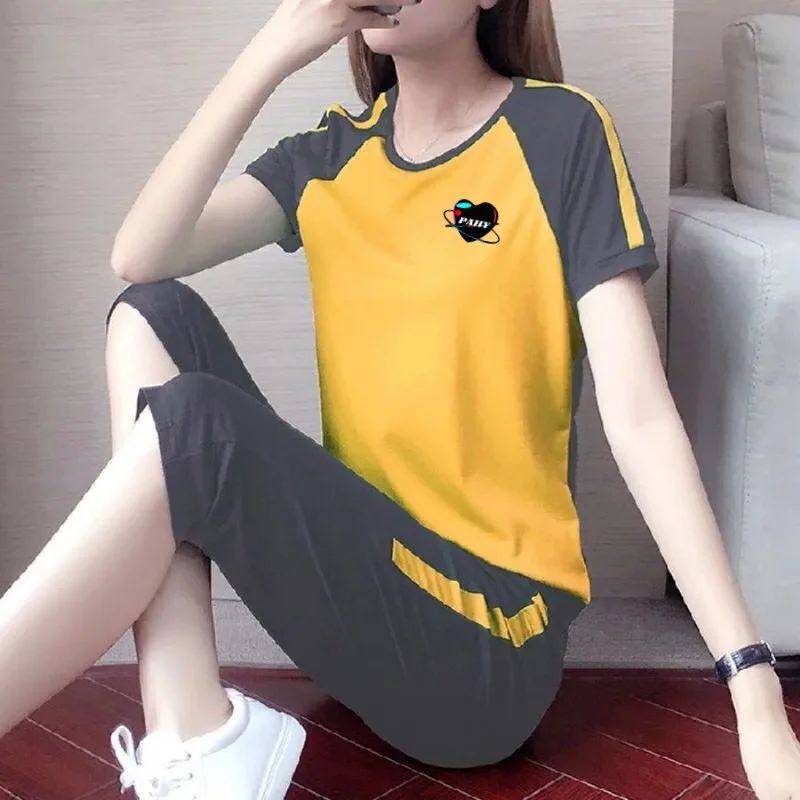 Women Summer Casual Sports Suit Loose Short-Sleeved Cropped Pants Plus Size Running Suit Two-Piece Set
