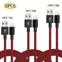 Ultimate 3 - Pack USB Fast Charging Cables for Apple Devices - 1m Length (Red Black)