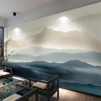 Custom 3d wallpaper new Chinese Zen ink landscape painting abstract oil painting blue sea gilded texture mural Flying birds wall 1