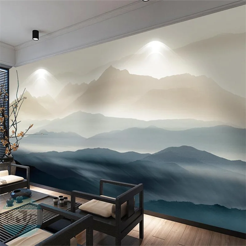Pintura Personalizada 3d Pintura de Paisagem Azul Mar Dourado Textura Mural Parede de Pássaros Voando Pintura a Óleo Abstrata Nova Tinta Chinesa Zen