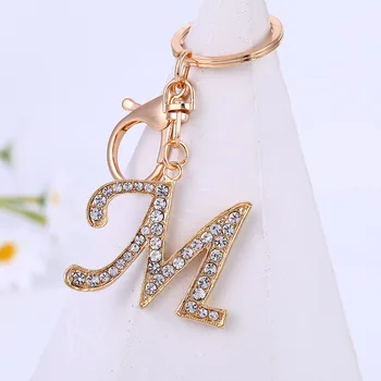 Fashion 26 Letter Metal Keyring Rhinestone Initial Keychain Bag Pendant Charms DIY Accessories Birthday Gifts