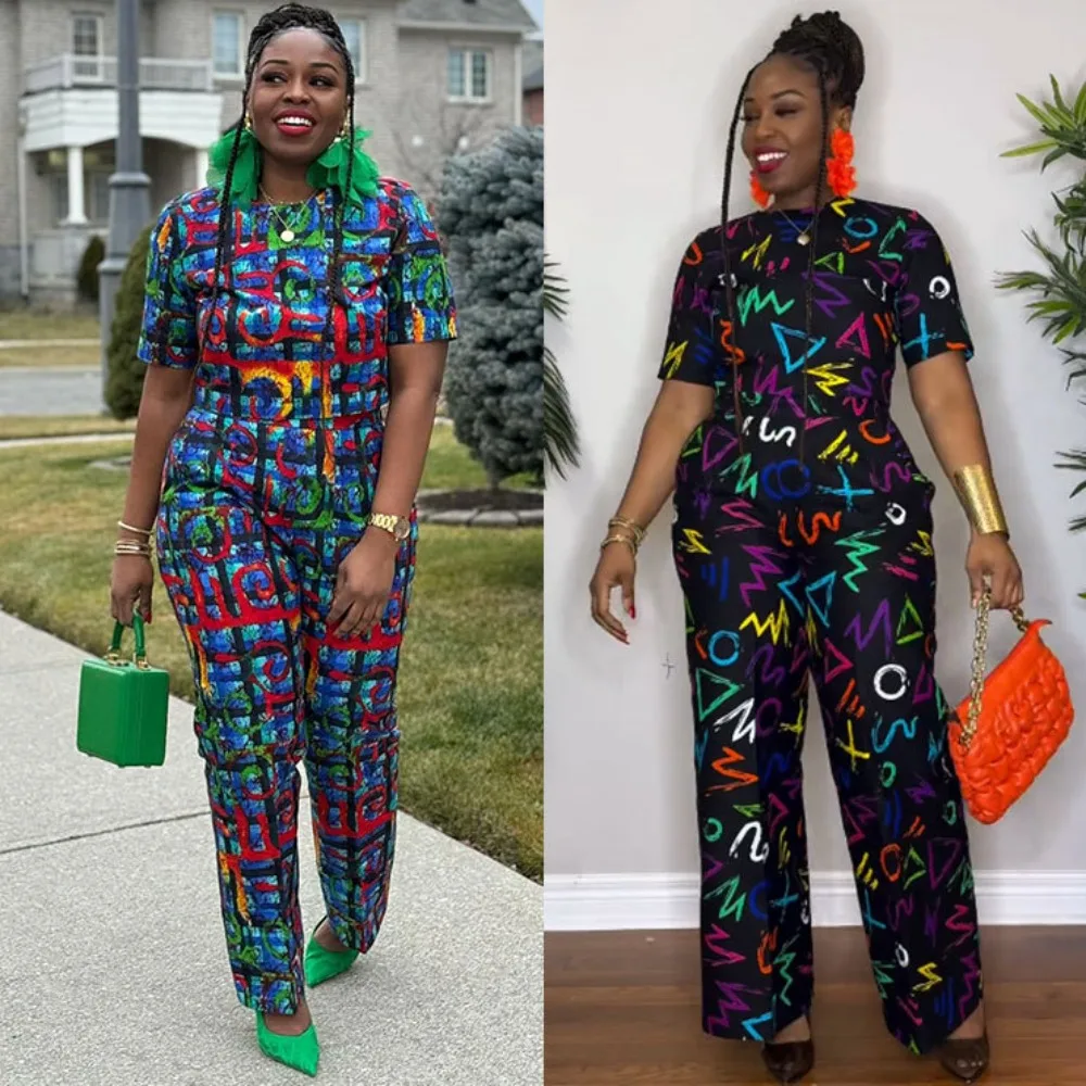 

LKF Spring Casual Women's T-shirt and Pants Set, Street Trend Graffiti Print Wide Leg Pants, Short Sleeved Top Two-piece Set