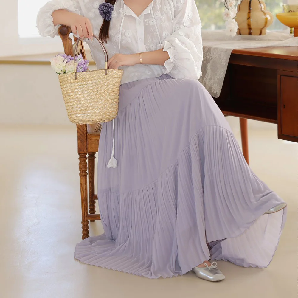 Women's Plus Size High-Waisted Pleated Ball Gown Skirt Premium Loose Fit A-Line Chiffon Long Skirt With Ethereal Purple
