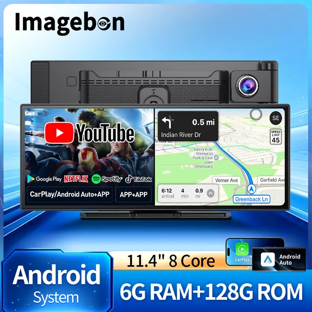 Imagebon 11.4 "Android 14 caméra de tableau de bord 8 Core 6 + 128G CarPlay et Android Auto Google Play GPS Navigation AI commande vocale voiture DVR 1