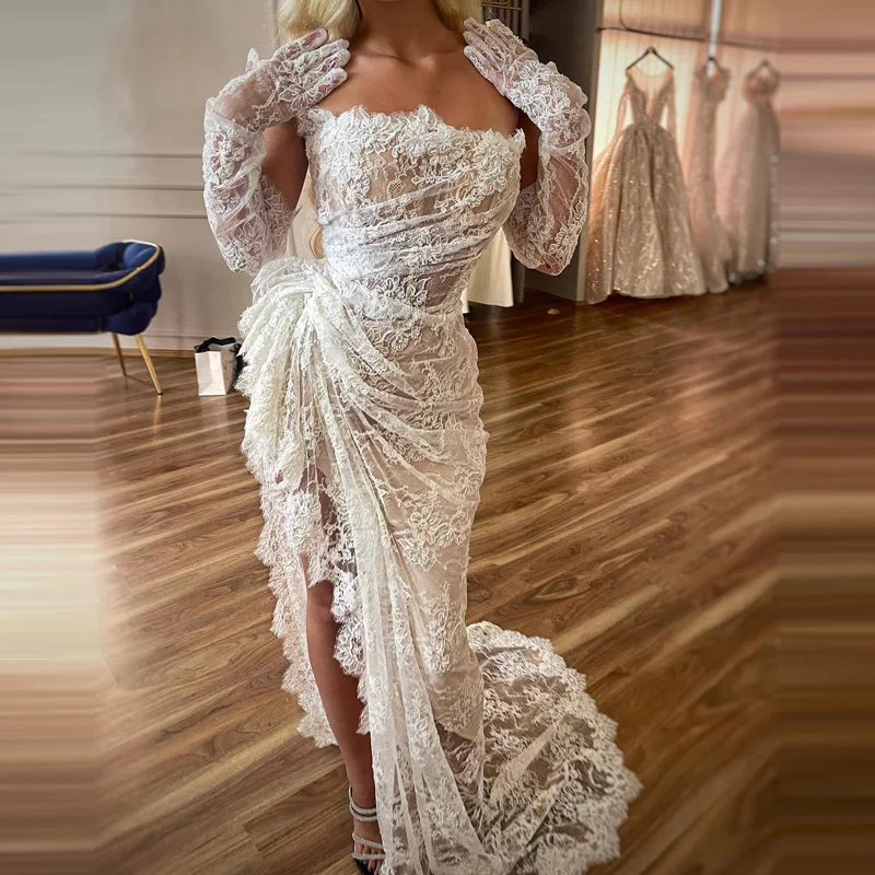 

Винтажные прозрачные кружевные свадебные платья, женские сексуальные без бретелек, с высоким разрезом, Русалка, длинное свадебное платье лиф, vestido de noiva