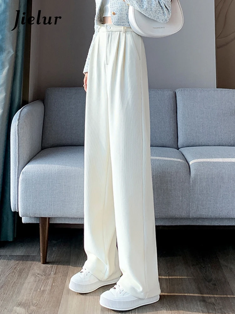 Jielur White Loose Casual Female Wide Leg Pants Winter High Waist Fashion Straight Simple Solid Color Basic Office Lady Trousers