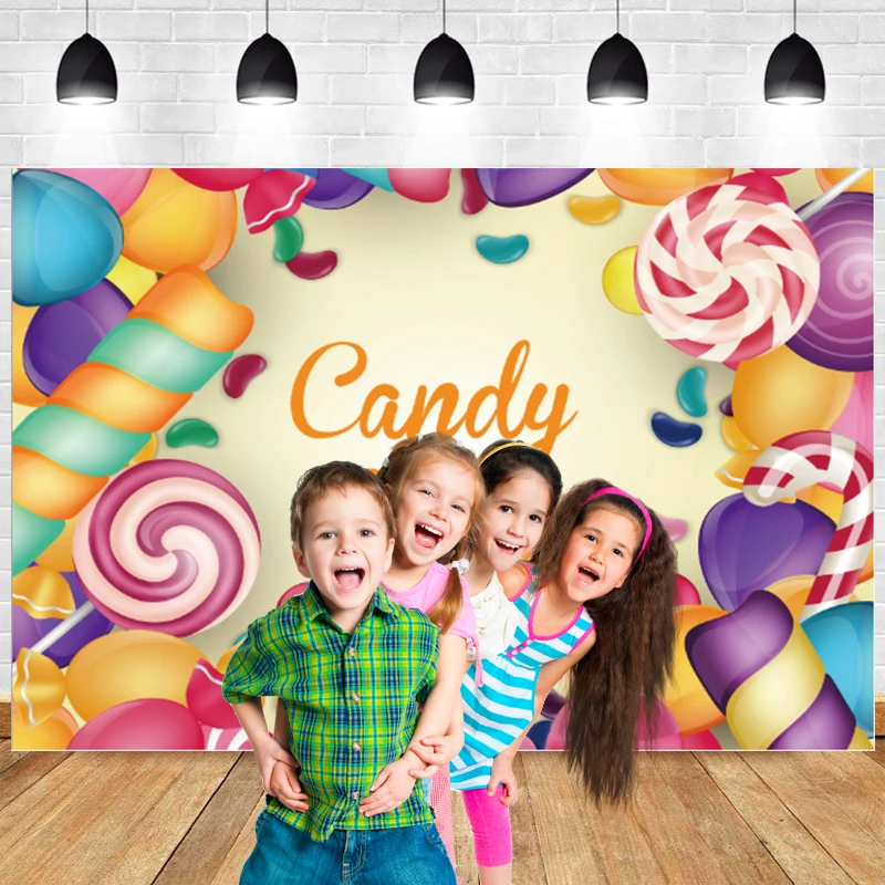 

Sweet Baby Shower Birthday Cotton Candy Bar Shop Backdrop Rainbow Lollipop Candy Cane Party Photography Background Kids Studio