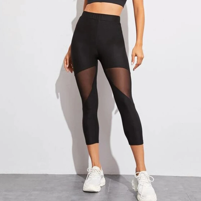 

Ladies Hight Waist Mesh Stitching Lace Cutout Calf-Length Pants Fitness Leggings Running Gym Stretch Sports Black Trouser