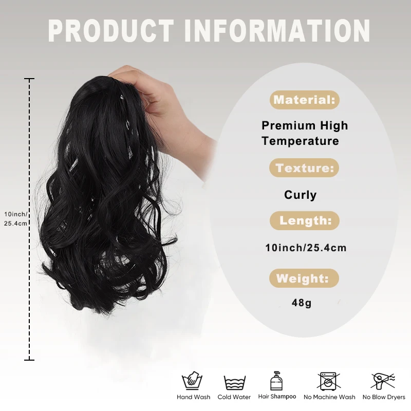 LUPU 10" Ponytail Extension  Curly Ponytail Clip in Claw Hair Extension Natural Looking Synthetic Hairpiece for Women, Black