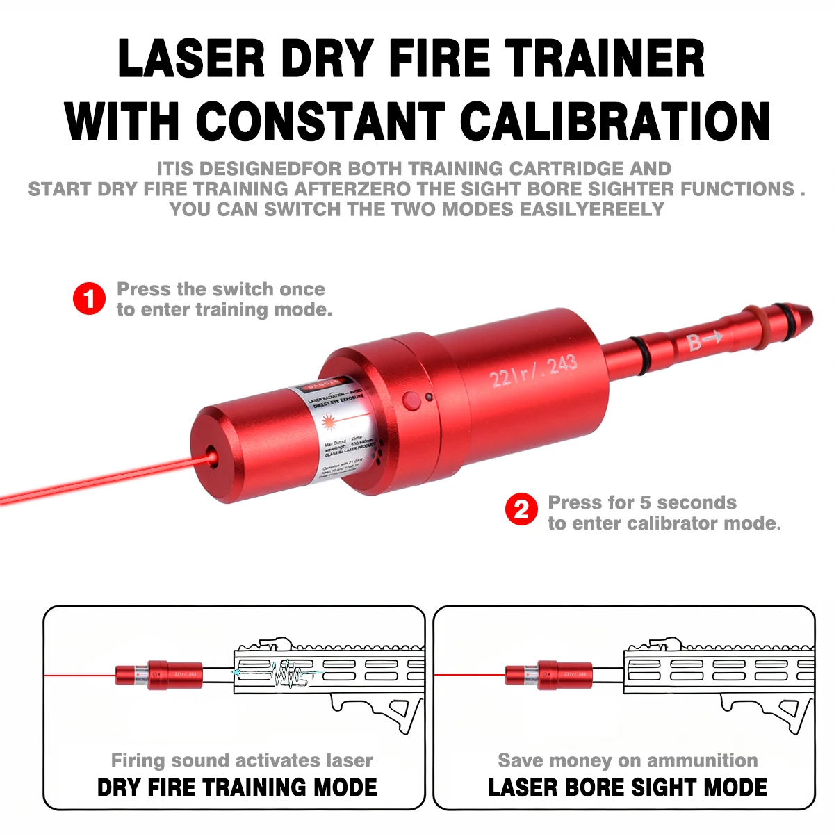 22LR 40S&W 30-30 .25 .27 7mm 6.5mm 177 7.62 300win 12GA 45ACP 223rem 9mm Laser Training Bullet Bore Sight Dry Fire Laser