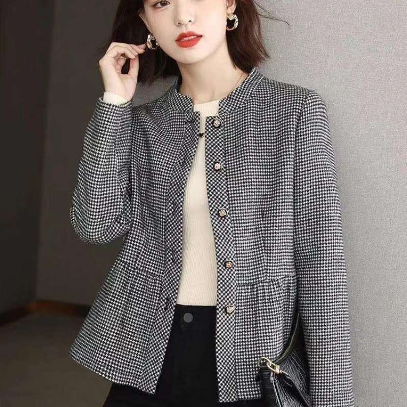 Spring and Autumn Women's Thousand-Bird Plaid Coat Casual Versatile Slim Woolen Top